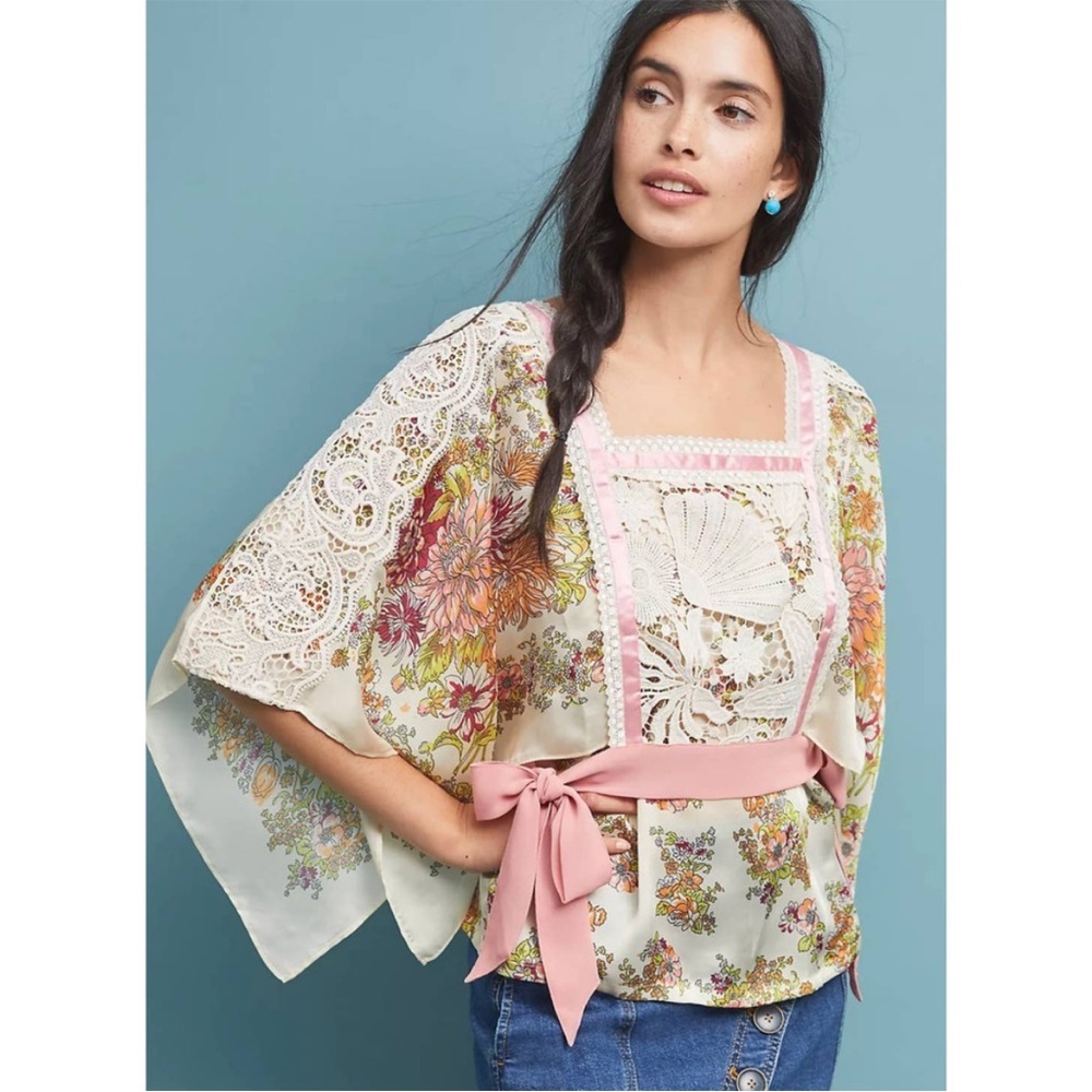 Anthropologie TINY Begonia Floral Lace Kimono Sleeve Blouse Size Medium